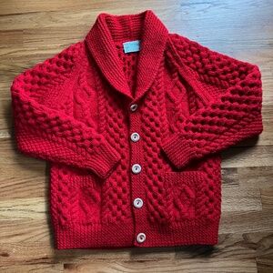 ***SOLD**** Inverallan shawl red hand knit cardigan unisex M/L Scotland
